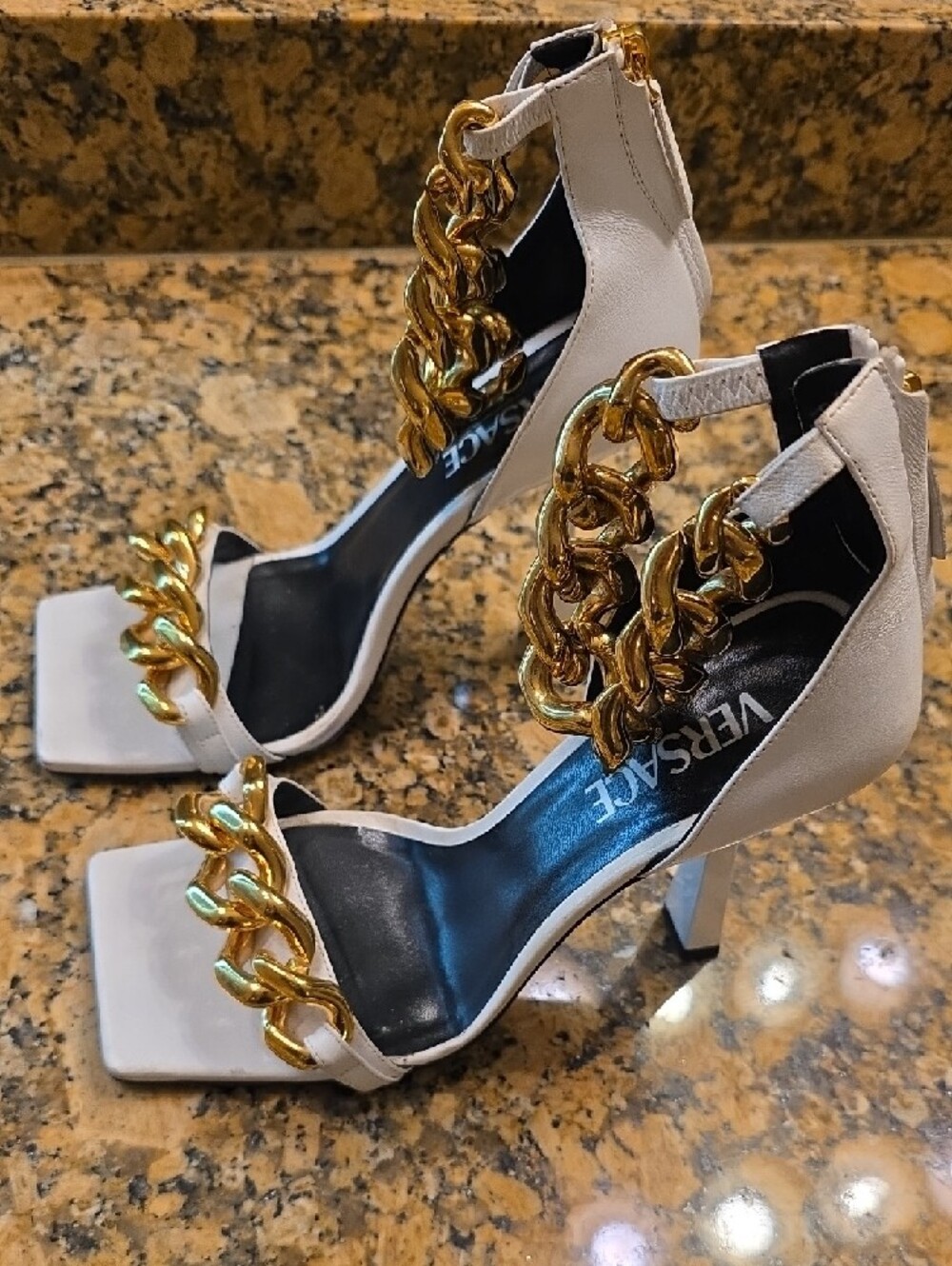 Versace White Heeled Sandals with Gold Chain Accents - Picture 7 of 12
